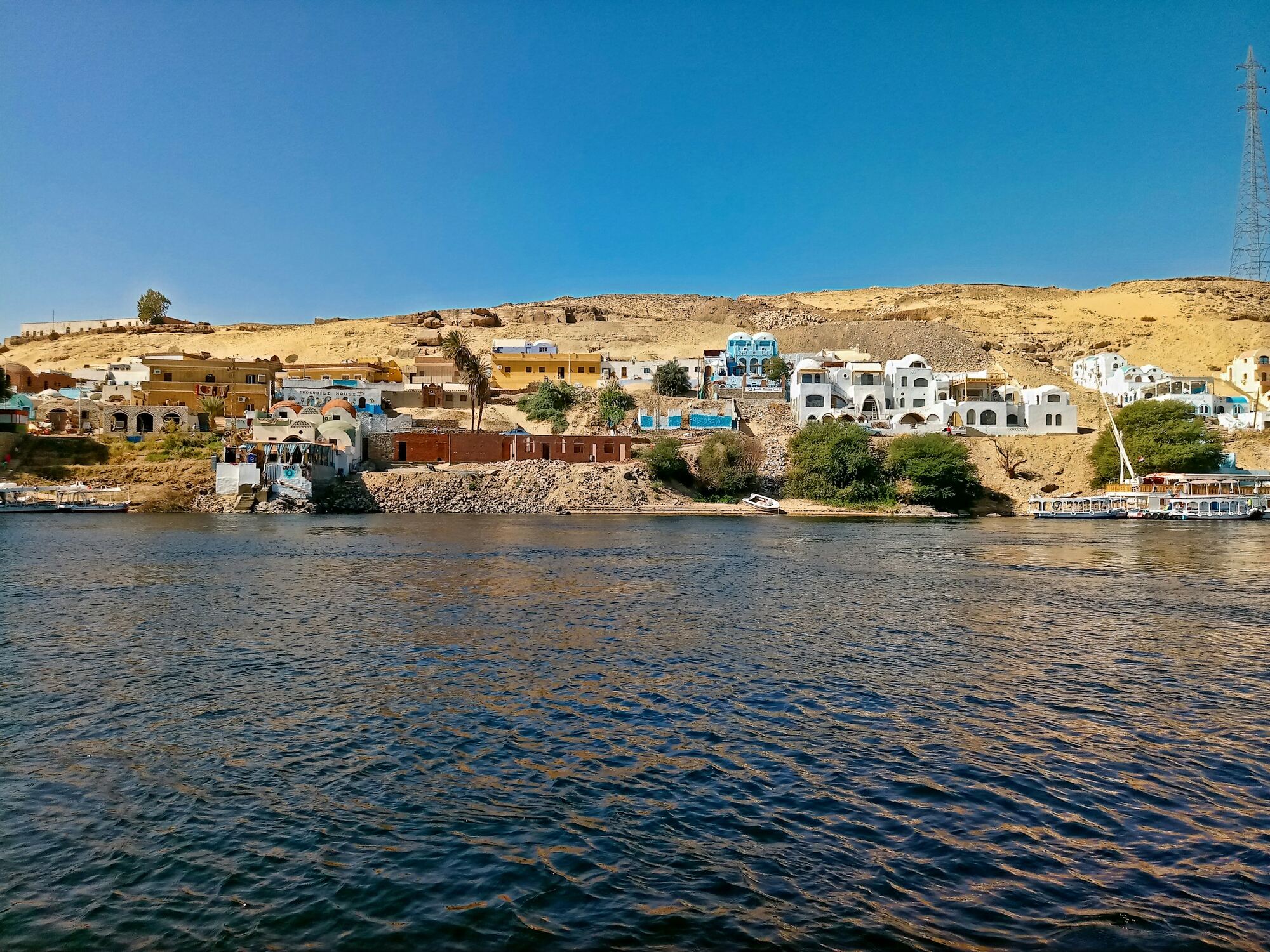 A Nubian village on the banks of the Nile, seen from the water